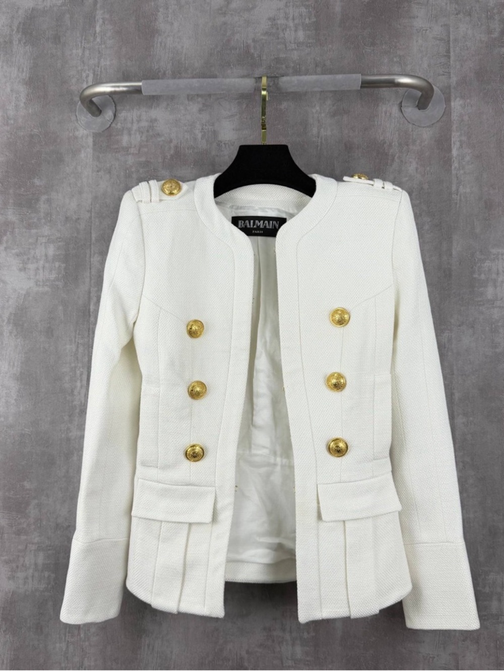 Authentic Balmain White Military-Style Gold-Button Blazer